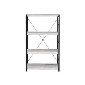 HomeRoots 43" Industrial-Style Antiqued White Wood and Black Metal Four-Tier Etagere Bookcase for Storage 486309