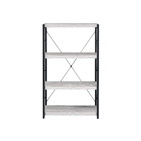HomeRoots 43" Industrial-Style Antiqued White Wood and Black Metal Four-Tier Etagere Bookcase for Storage 486309