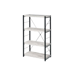 HomeRoots 43" Industrial-Style Antiqued White Wood and Black Metal Four-Tier Etagere Bookcase for Storage 486309