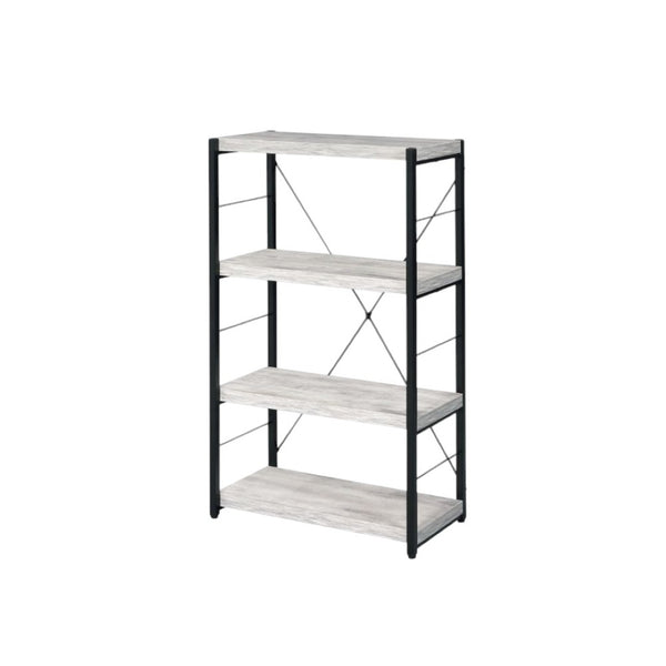 HomeRoots 43" Industrial-Style Antiqued White Wood and Black Metal Four-Tier Etagere Bookcase for Storage 486309