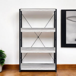 HomeRoots 43" Industrial-Style Antiqued White Wood and Black Metal Four-Tier Etagere Bookcase for Storage 486309