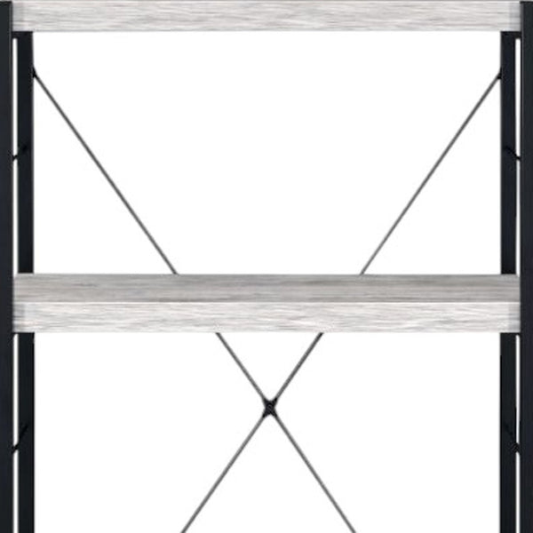 HomeRoots 43" Industrial-Style Antiqued White Wood and Black Metal Four-Tier Etagere Bookcase for Storage 486309
