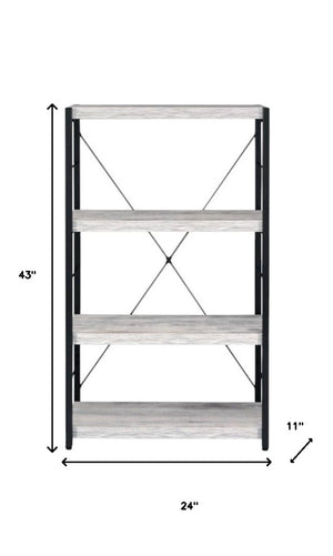HomeRoots 43" Industrial-Style Antiqued White Wood and Black Metal Four-Tier Etagere Bookcase for Storage 486309