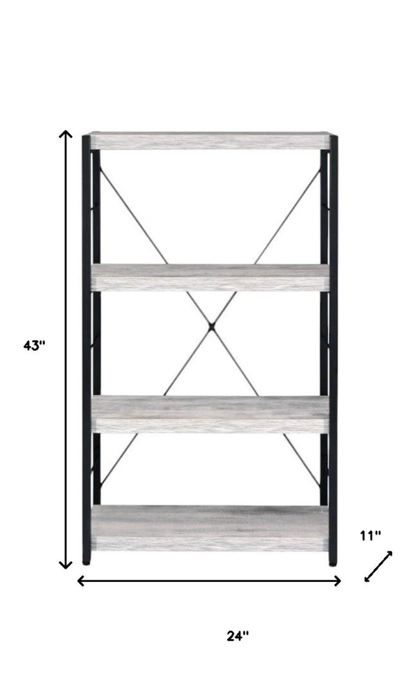HomeRoots 43" Industrial-Style Antiqued White Wood and Black Metal Four-Tier Etagere Bookcase for Storage 486309