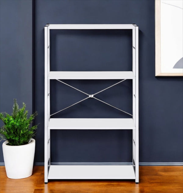 HomeRoots 42" Modern White and Silver Four-Tier Etagere Bookcase for Stylish Storage and Display Solutions 486315