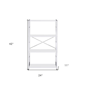 HomeRoots 42" Modern White and Silver Four-Tier Etagere Bookcase for Stylish Storage and Display Solutions 486315