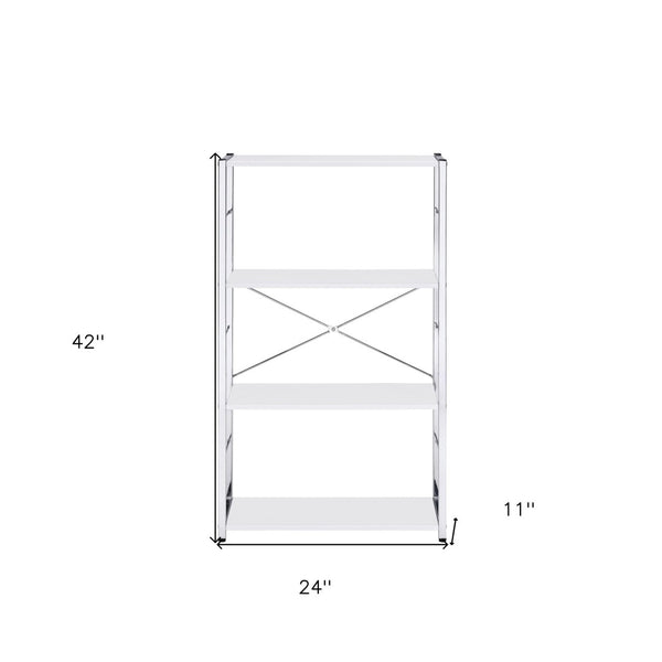 HomeRoots 42" Modern White and Silver Four-Tier Etagere Bookcase for Stylish Storage and Display Solutions 486315