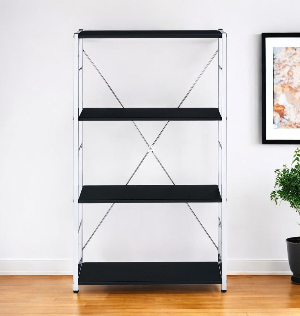 HomeRoots 42" Industrial Black and Silver Metal Wood Etagere Bookcase - Stylish Four-Tier Storage Solution 486316