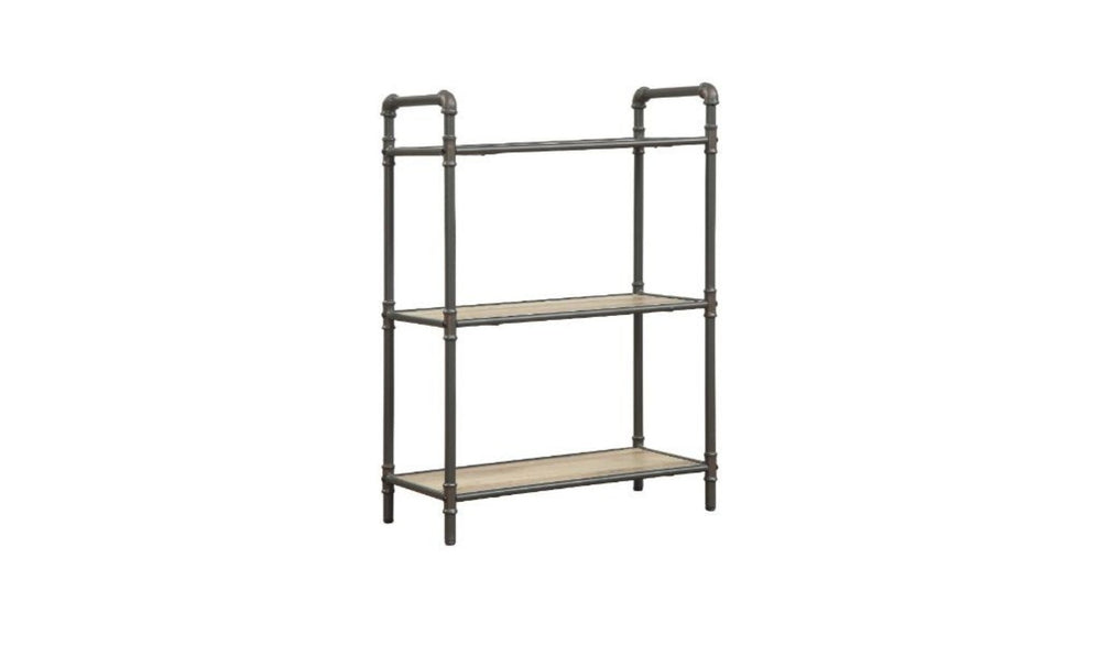 HomeRoots 36" Antique Oak & Sandy Gray Metal Bookcase - Stylish 3-Tier Shelving for Small Spaces & Offices 486317