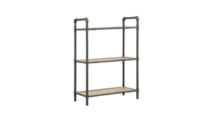 Homeroots 36" Antique Oak And Sandy Gray Metal Three Tier Standard Bookcase   486317