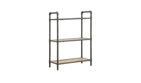 Homeroots 36" Antique Oak And Sandy Gray Metal Three Tier Standard Bookcase   486317