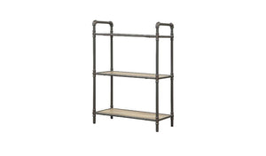 Homeroots 36" Antique Oak And Sandy Gray Metal Three Tier Standard Bookcase   486317