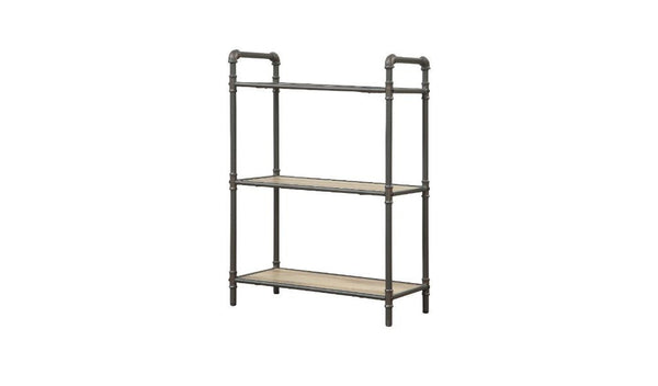 Homeroots 36" Antique Oak And Sandy Gray Metal Three Tier Standard Bookcase   486317