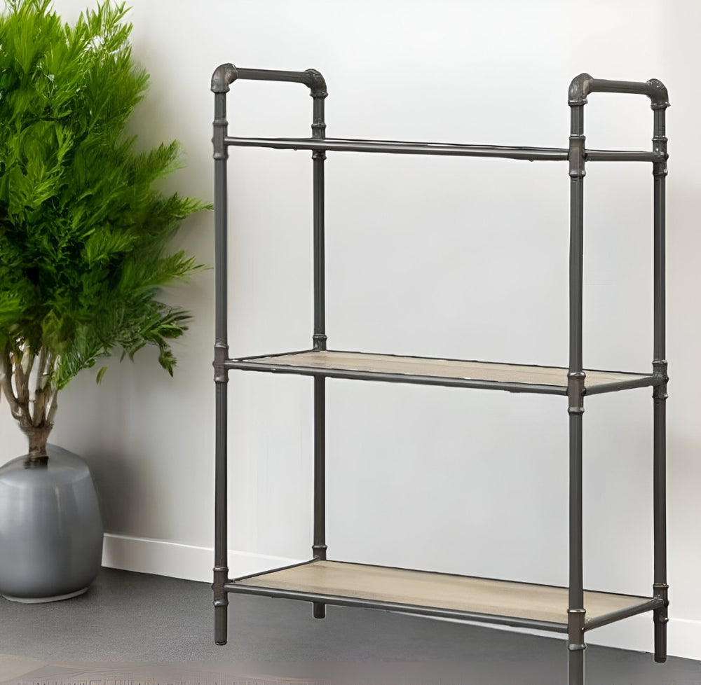 HomeRoots 36" Antique Oak & Sandy Gray Metal Bookcase - Stylish 3-Tier Shelving for Small Spaces & Offices 486317