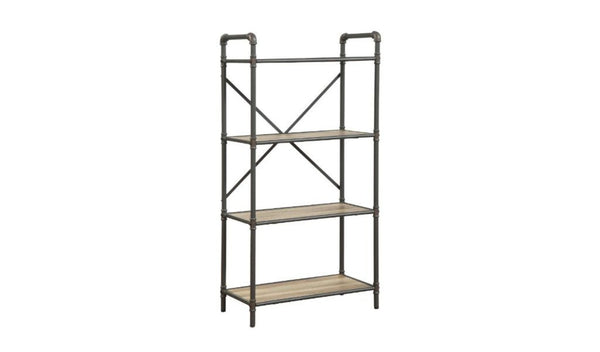 HomeRoots 49" Gray Brown Metal Four-Tier Etagere - Stylish Industrial Bookcase for Modern Rustic Spaces 486318