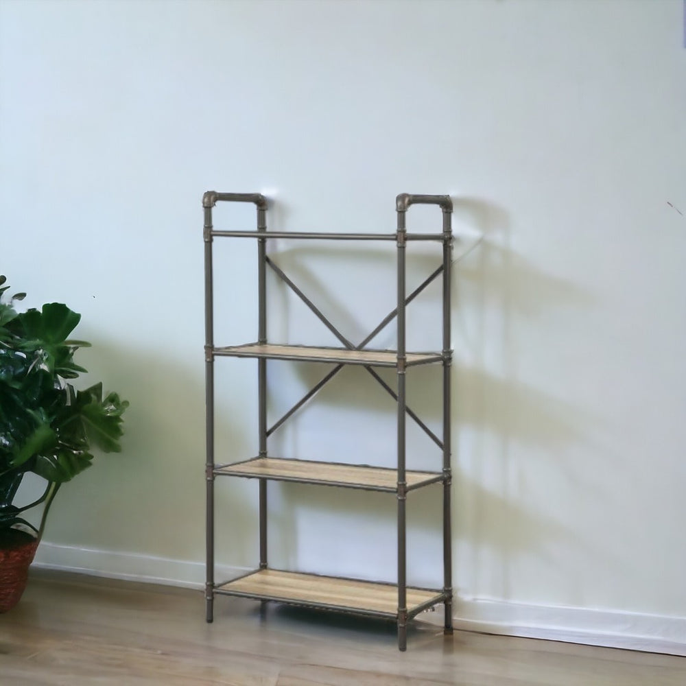HomeRoots 49" Gray Brown Metal Four-Tier Etagere - Stylish Industrial Bookcase for Modern Rustic Spaces 486318