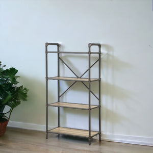 HomeRoots 49" Gray Brown Metal Four-Tier Etagere - Stylish Industrial Bookcase for Modern Rustic Spaces 486318