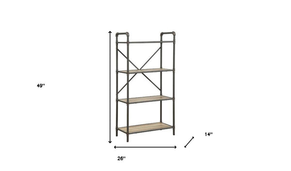 HomeRoots 49" Gray Brown Metal Four-Tier Etagere - Stylish Industrial Bookcase for Modern Rustic Spaces 486318