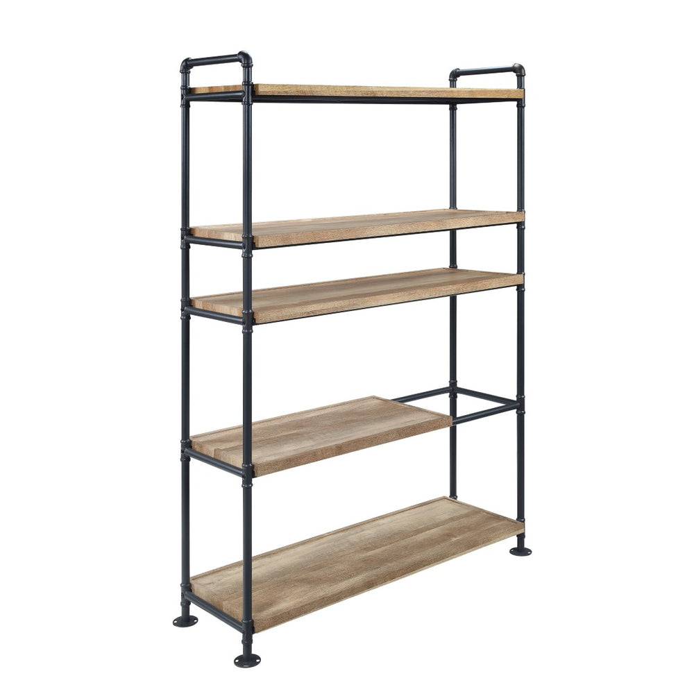 HomeRoots 65" Stylish Natural & Black Metal Five-Tier Etagere Bookcase for Chic Home Organization & Display 486321