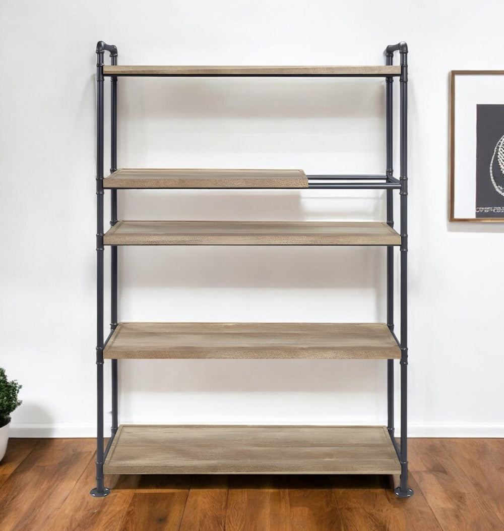 HomeRoots 65" Stylish Natural & Black Metal Five-Tier Etagere Bookcase for Chic Home Organization & Display 486321