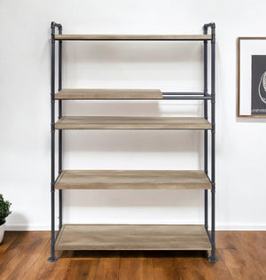 HomeRoots 65" Stylish Natural & Black Metal Five-Tier Etagere Bookcase for Chic Home Organization & Display 486321