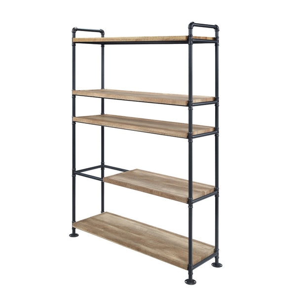 HomeRoots 65" Stylish Natural & Black Metal Five-Tier Etagere Bookcase for Chic Home Organization & Display 486321