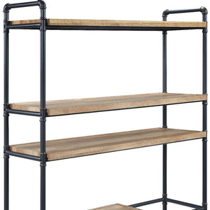 HomeRoots 65" Stylish Natural & Black Metal Five-Tier Etagere Bookcase for Chic Home Organization & Display 486321