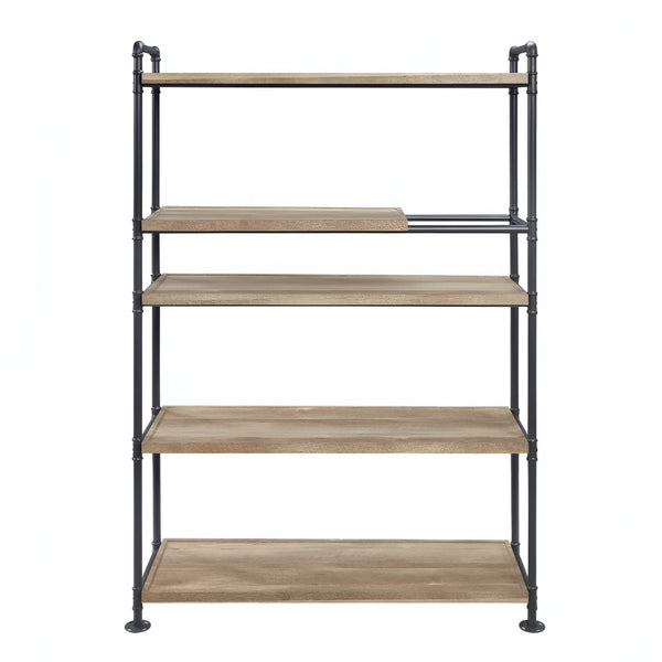 HomeRoots 65" Stylish Natural & Black Metal Five-Tier Etagere Bookcase for Chic Home Organization & Display 486321
