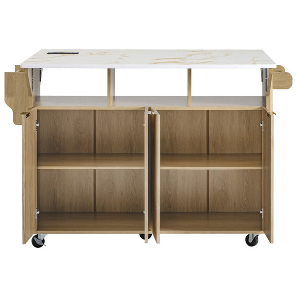 English Elm K&k Fluted Rolling Kitchen Island Faux Marble Top Power Outlet Storage Drawers Natural N707P353934Y