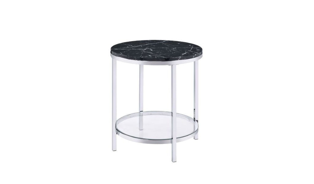 Homeroots 25" Chrome And Black Faux Marble And Metal Round End Table With Shelf   486358