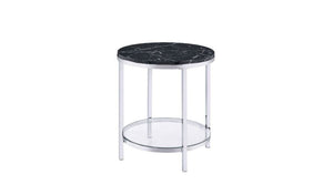 Homeroots 25" Chrome And Black Faux Marble And Metal Round End Table With Shelf   486358