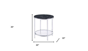 Homeroots 25" Chrome And Black Faux Marble And Metal Round End Table With Shelf   486358