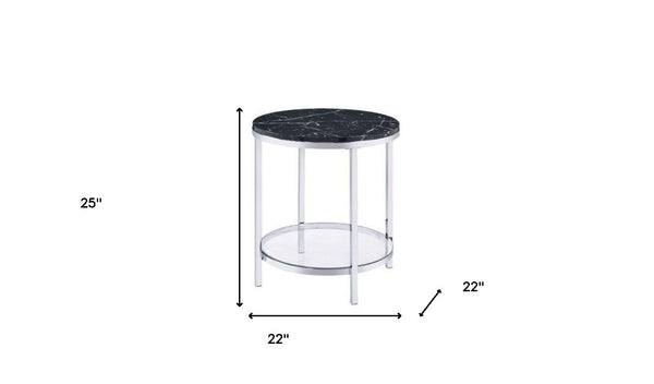 Homeroots 25" Chrome And Black Faux Marble And Metal Round End Table With Shelf   486358