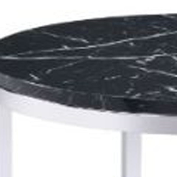 Homeroots 25" Chrome And Black Faux Marble And Metal Round End Table With Shelf   486358