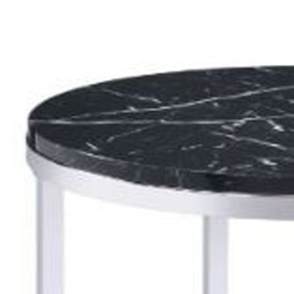 Homeroots 25" Chrome And Black Faux Marble And Metal Round End Table With Shelf   486358