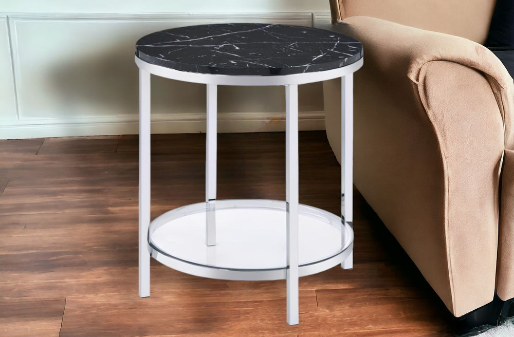 Homeroots 25" Chrome And Black Faux Marble And Metal Round End Table With Shelf   486358