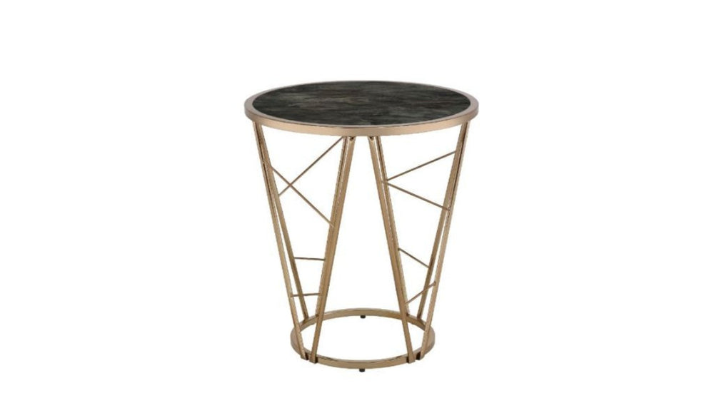 HomeRoots 24" Chic Round End Table with Champagne Metal Base & Faux Black Marble Top - Versatile & Stylish 486365