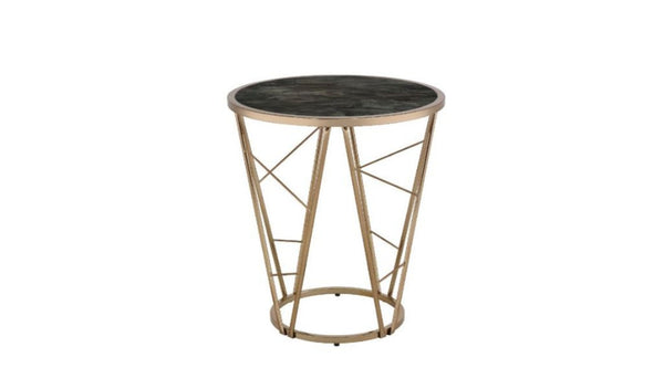 HomeRoots 24" Chic Round End Table with Champagne Metal Base & Faux Black Marble Top - Versatile & Stylish 486365