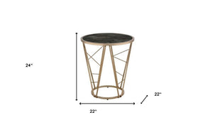 HomeRoots 24" Chic Round End Table with Champagne Metal Base & Faux Black Marble Top - Versatile & Stylish 486365