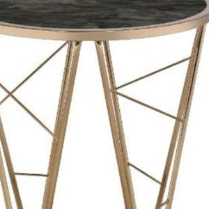 HomeRoots 24" Chic Round End Table with Champagne Metal Base & Faux Black Marble Top - Versatile & Stylish 486365