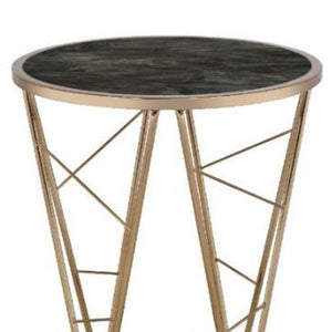 HomeRoots 24" Chic Round End Table with Champagne Metal Base & Faux Black Marble Top - Versatile & Stylish 486365