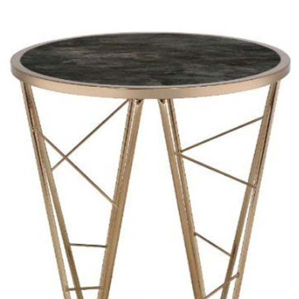 HomeRoots 24" Chic Round End Table with Champagne Metal Base & Faux Black Marble Top - Versatile & Stylish 486365