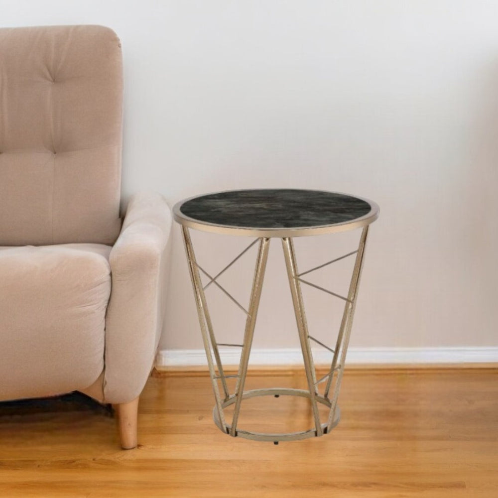 HomeRoots 24" Chic Round End Table with Champagne Metal Base & Faux Black Marble Top - Versatile & Stylish 486365