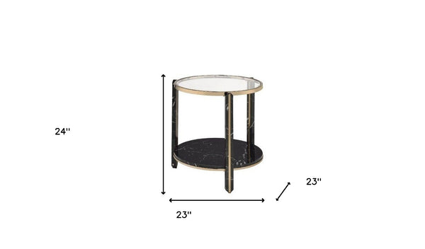 Homeroots 24" Champagne And Clear Glass And Metal Round End Table With Shelf   486366