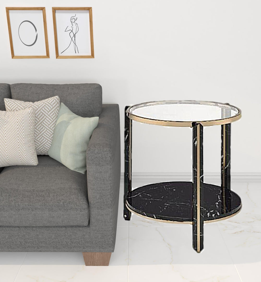 Homeroots 24" Champagne And Clear Glass And Metal Round End Table With Shelf   486366