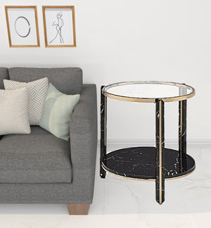 Homeroots 24" Champagne And Clear Glass And Metal Round End Table With Shelf   486366