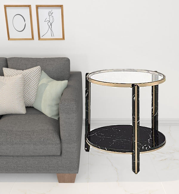 Homeroots 24" Champagne And Clear Glass And Metal Round End Table With Shelf   486366