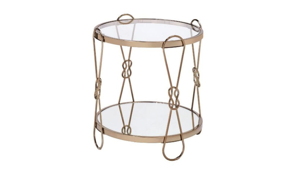 HomeRoots 23" Gold Mirrored End Table with Metal Base - Chic Round Design & Convenient Storage Shelf 486370