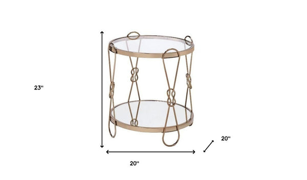 HomeRoots 23" Gold Mirrored End Table with Metal Base - Chic Round Design & Convenient Storage Shelf 486370