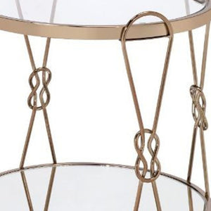 HomeRoots 23" Gold Mirrored End Table with Metal Base - Chic Round Design & Convenient Storage Shelf 486370